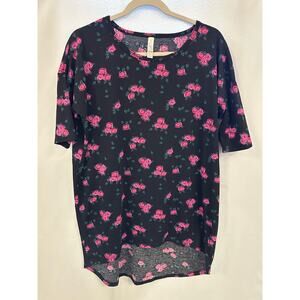 Lularoe Small Black Pink Rose Patterned Top, High Low Tunic Top, Loose Fit